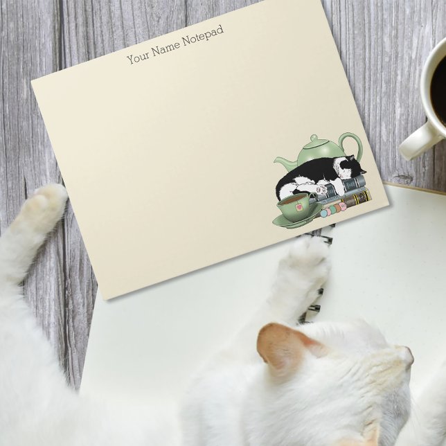 Cozy Books Cat Tuxedo Tea Cute Green Teapot Reader Notepad (Creator Uploaded)