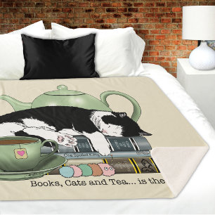 Cozy Books Cat Tuxedo Tea Cute Green Teapot Reader Sherpa Blanket