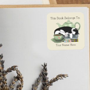 Cozy Books Cat Tuxedo Tea Cute Green Teapot Reader Square Sticker