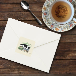 Cozy Books Cat Tuxedo Tea Cute Green Teapot Reader Square Sticker