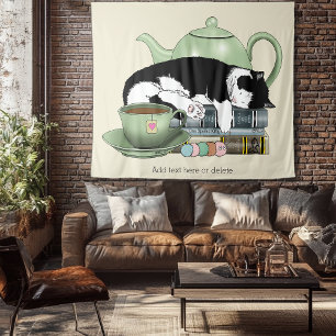 Cozy Books Cat Tuxedo Tea Cute Green Teapot Reader Tapestry