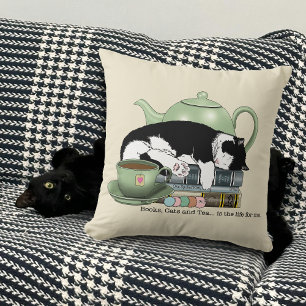 Cozy Books Cat Tuxedo Tea Cute Green Teapot Reader Throw Pillow