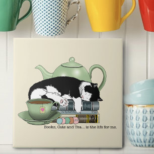 Cozy Books Cat Tuxedo Tea Cute Green Teapot Reader Tile