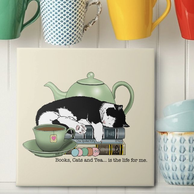 Cozy Books Cat Tuxedo Tea Cute Green Teapot Reader Tile (Creator Uploaded)