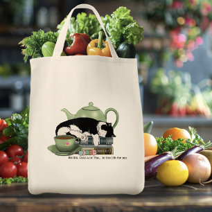 Cozy Books Cat Tuxedo Tea Cute Green Teapot Reader Tote Bag