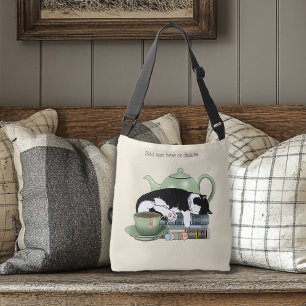 Cozy Books Cat Tuxedo Tea Cute Green Teapot Reader Tote Bag