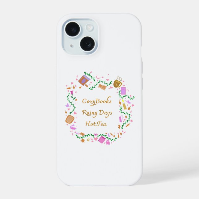 Cozy Books, Rainy Days, Hot Tea iPhone 15 Case (Back)