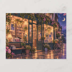 Cozy Bookstore on a Rainy Night Postcard