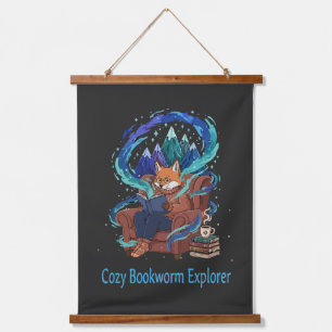 Cozy Bookworm Explorer   Whimsical Fox Reading  Hanging Tapestry