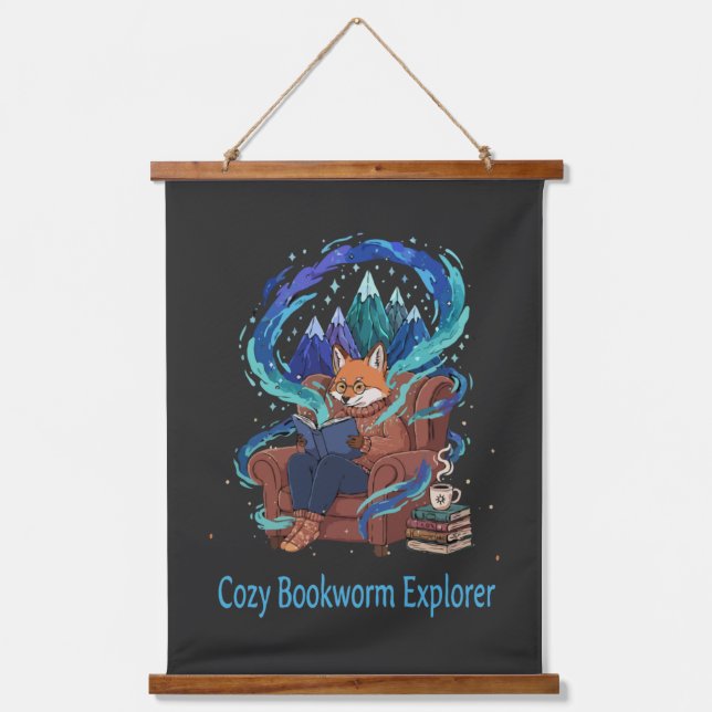 Cozy Bookworm Explorer | Whimsical Fox Reading  Hanging Tapestry (Front)