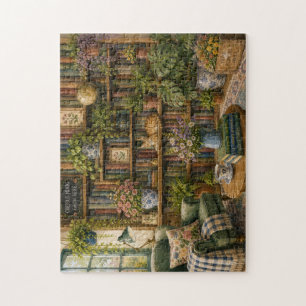 Cozy Botanical Bookstore Cat Puzzle Watercolor L