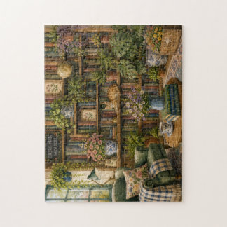 Cozy Botanical Bookstore Cat Puzzle | Watercolor L
