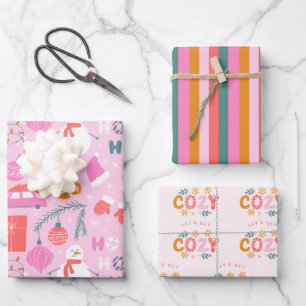 Cozy Bright Pink Snowman Christmas Wrapping Paper Sheet