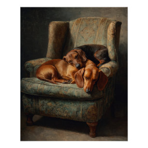 Cozy Brown Dachshunds Vintage Armchair Art Poster