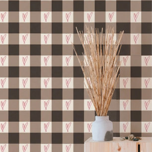 Cozy Brown Gingham Plaid Hearts Pattern Wallpaper