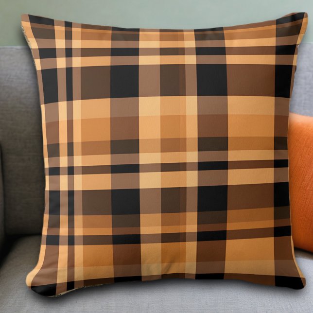 Cozy Brown Orange Plaid Fall Autumn Throw Pillow (Creator Uploaded)
