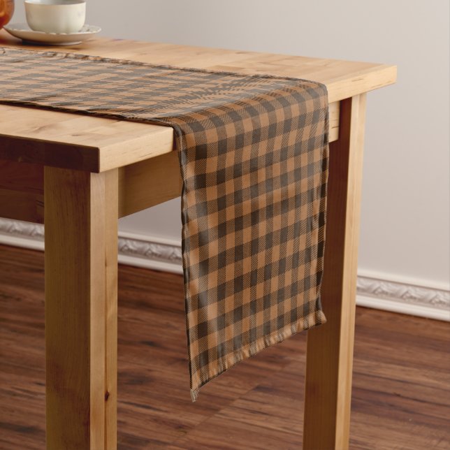 Cozy Brown Plaid Buffalo Print Pattern Short Table Runner (In Situ)
