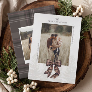 Cozy Brown Rustic Plaid Bow Ribbon Christmas Photo Holiday Card