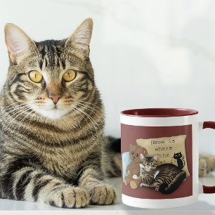 Cozy Burgundy Whimsical Tabby Cat Home Mug