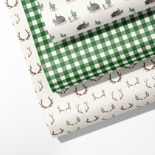 "Cozy Cabin, Antler, Buffalo Plaid Green Wrapping Paper Sheet