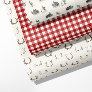 "Cozy Cabin, Antler, Buffalo Plaid Wrapping Paper Sheet