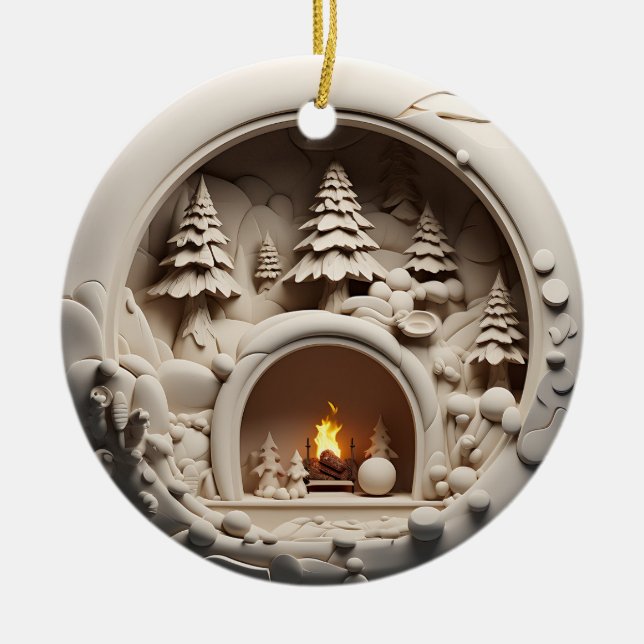 Cozy Cabin Christmas Fireplace Ceramic Ornament (Front)