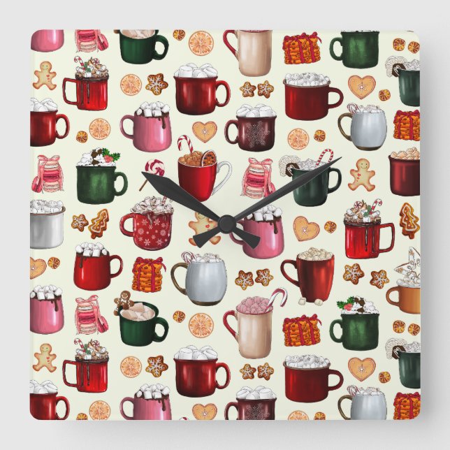 Cozy Cabin Hot Cocoa and Winter Treats Square Wall Clock (Front)