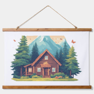 Cozy Cabin in Mountain Forest Hanging Tapestry