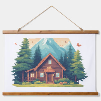 Cozy Cabin in Mountain Forest Hanging Tapestry