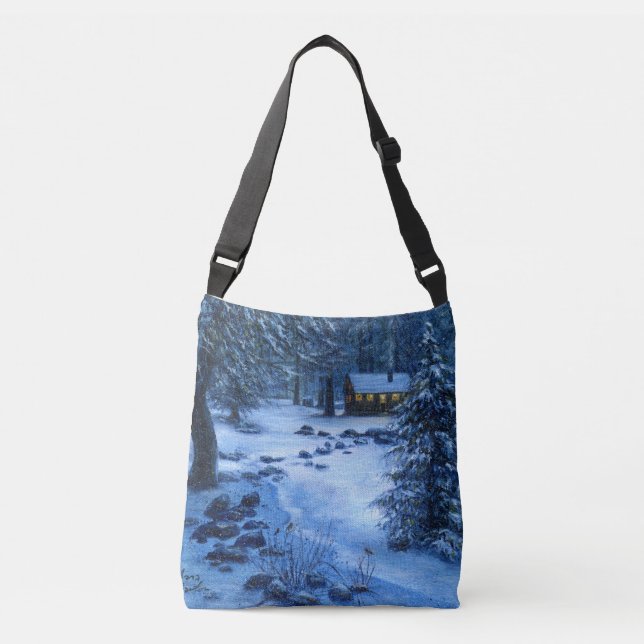 "Cozy Cabin in the Snow" Tote Bag (Front)