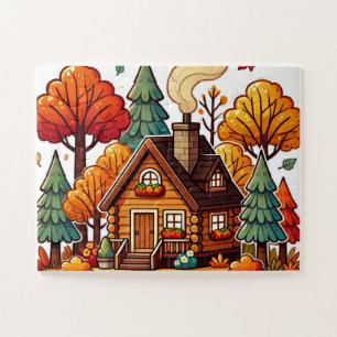 Cozy cabin in the woods in Autumn Jigsaw Puzzle