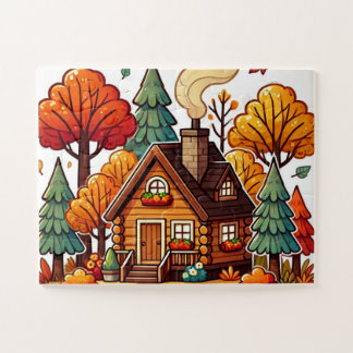 Cozy cabin in the woods in Autumn Jigsaw Puzzle