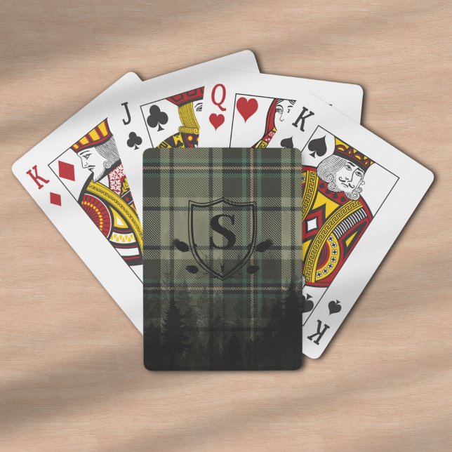 Cozy Cabin Plaid Pine Tree Silhouettes Monogram Playing Cards (Creator Uploaded)