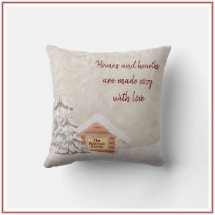 Cozy Cabin Snowy Winter Scene Throw Pillow