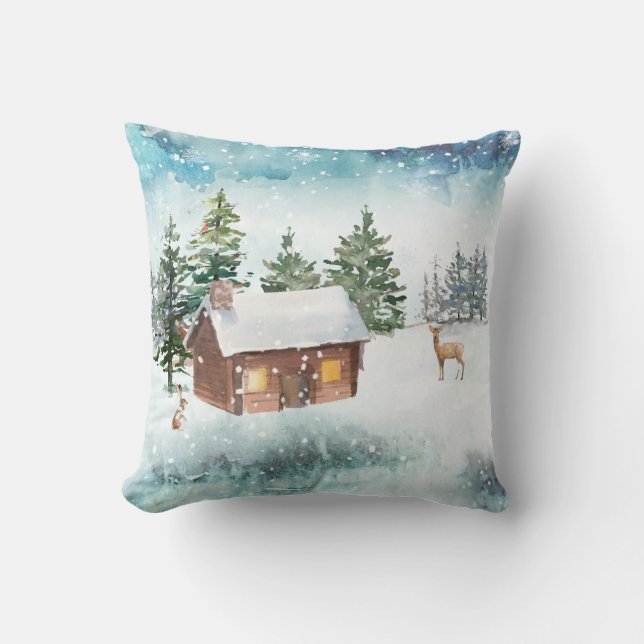 Cozy Cabin Winter Watercolor Throw Pillow (Front)