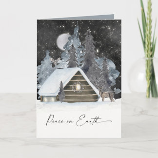 Cozy Cabin Wintry Watercolor Holiday Scene Card