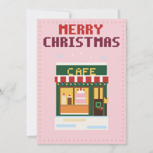 Cozy Cafe Pink Pixel Art Christmas Card