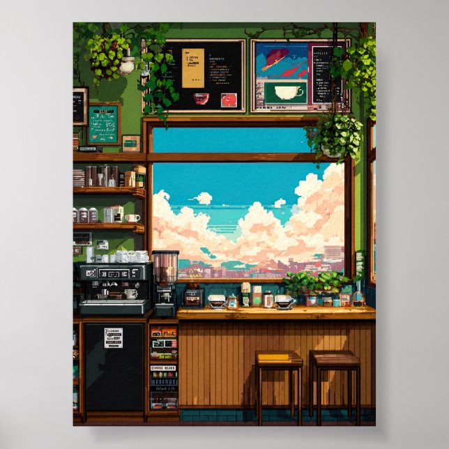 Cozy Cafe Window Pixel art Poster (Front)