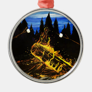 Cozy Campfire Sunset Forest Outdoor Adventure Metal Ornament