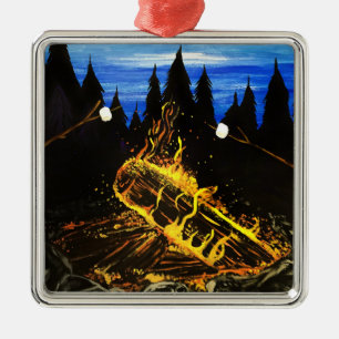 Cozy Campfire Sunset Forest Outdoor Adventure Metal Ornament