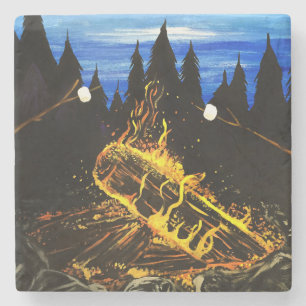 Cozy Campfire Sunset Forest Outdoor Adventure Stone Coaster