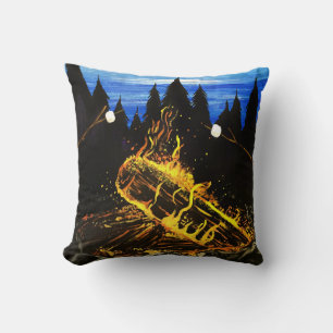 Cozy Campfire Sunset Forest Outdoor Adventure Throw Pillow