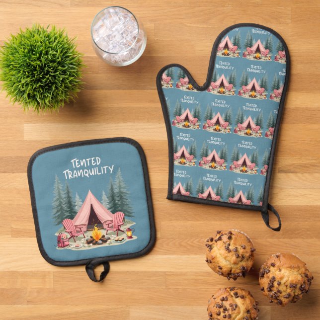 Cozy Camping Aesthetic Glamping Tent & Campfire Oven Mitt & Pot Holder Set (Top Down)
