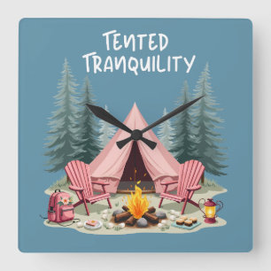 Cozy Camping Aesthetic Glamping Tent & Campfire Square Wall Clock