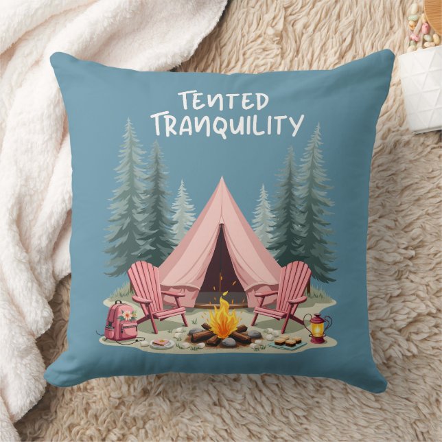 Cozy Camping Aesthetic Glamping Tent & Campfire Throw Pillow (Blanket)