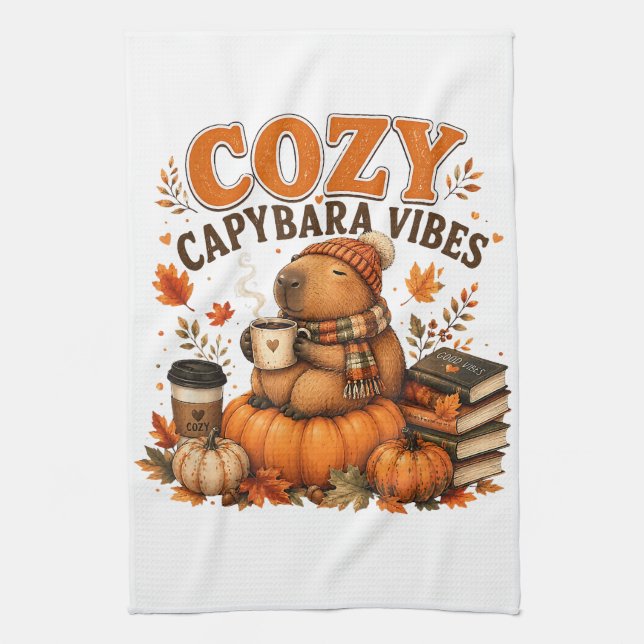 Cozy Capybara Pumpkin Fall Kitchen Towel (Vertical)