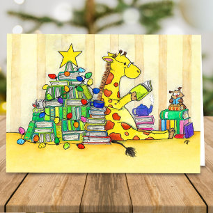 Cozy Cartoon Bookmas Giraffe Christmas Card