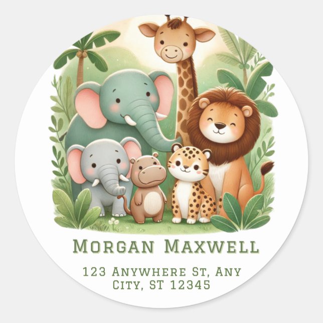 Cozy Cartoon Safari Animals Baby Shower  Classic Round Sticker (Front)