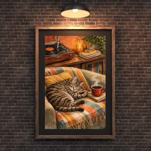 Cozy Cat and Coffee Vinyl Scene, Sleeping Tabby Poster