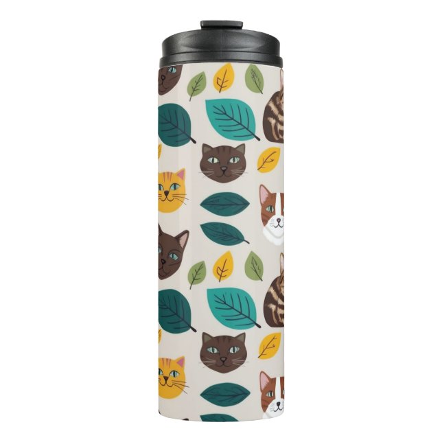 Cozy Cat & Autumn Leaves Seamless Pattern - Whimsi Thermal Tumbler (Front)